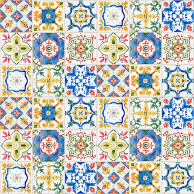 Güzel, pürüzsüz desenli, suluboya, farklı fayanslar. Stok illüstrasyonu.