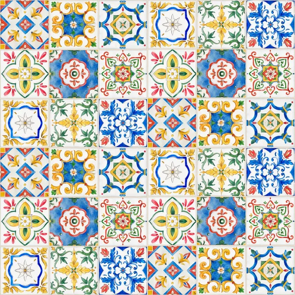 Beautiful Seamless Pattern Patchwork Style Watercolor Different Tiles Stock Illustration — Stock Photo, Image