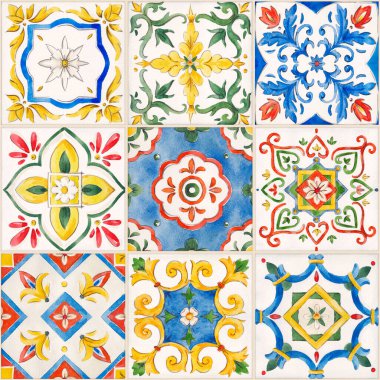 Güzel, pürüzsüz desenli, suluboya, farklı fayanslar. Stok illüstrasyonu.