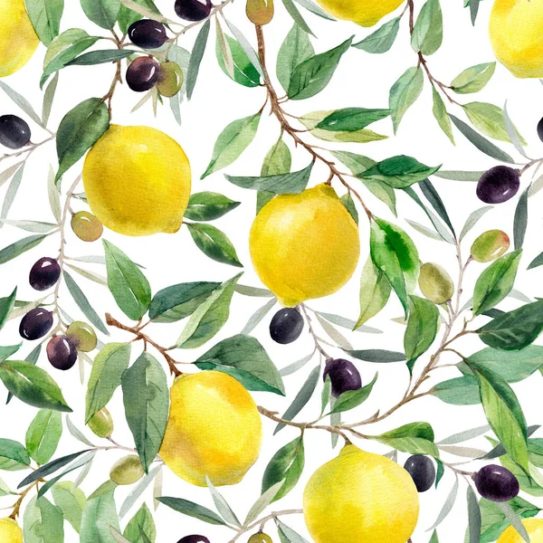 Piękny Bezszwowy Wzór Akwarelowymi Żółtymi Cytrynami Gałęziach Liśćmi Czarnymi Oliwkami — Zdjęcie stockowe