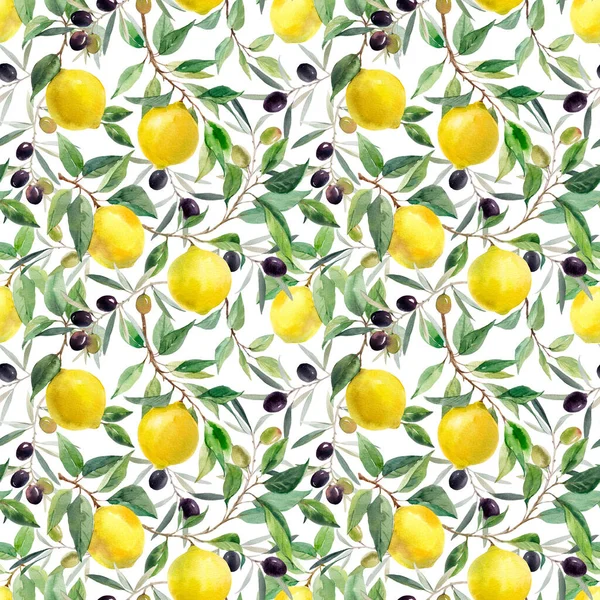 Piękny Bezszwowy Wzór Akwarelowymi Żółtymi Cytrynami Gałęziach Liśćmi Czarnymi Oliwkami — Zdjęcie stockowe