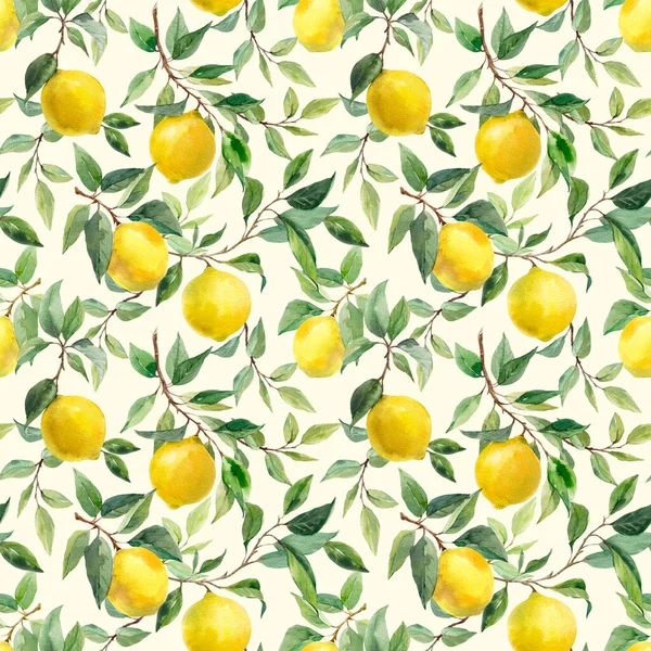 Красивий Безшовний Візерунок Акварельними Жовтими Лимонами Гілках Листям Стокова Ілюстрація — стокове фото