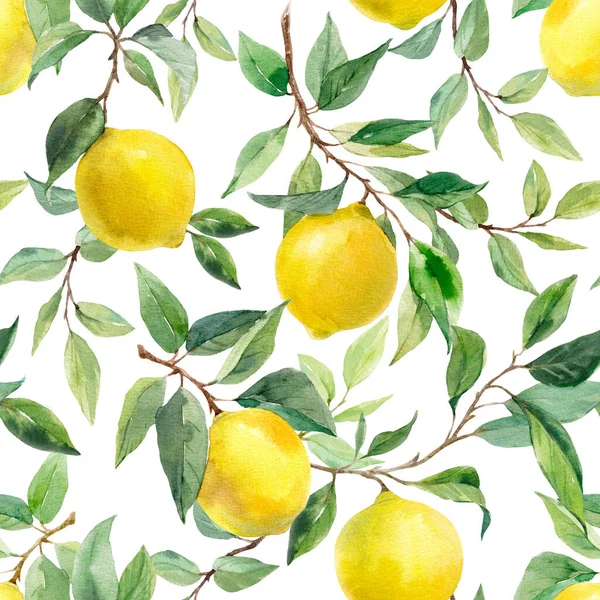 Krásný Bezešvý Vzor Akvarelem Žluté Citróny Větvích Listy Stock Illustration — Stock fotografie