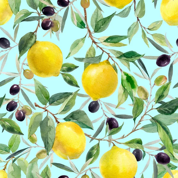 Бесшовный Узор Акварелью Желтых Лимонов Ветвях Листьями Черными Оливами Иллюстрация — стоковое фото