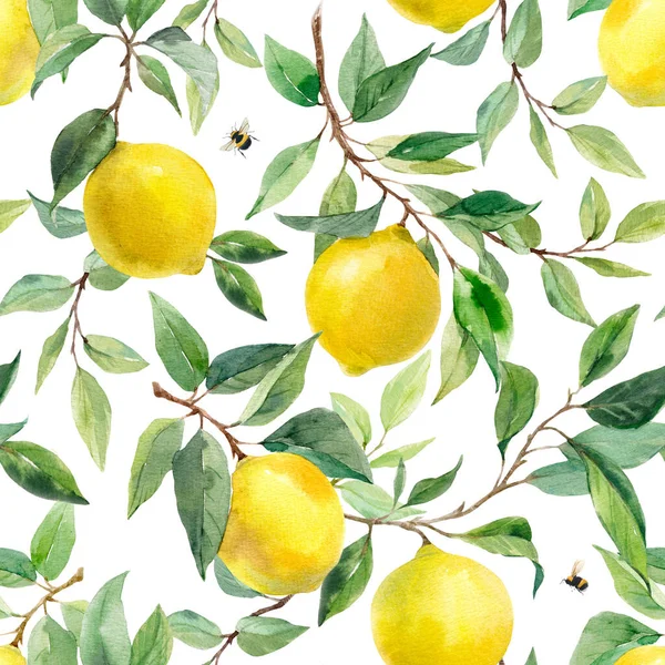 葉と黒オリーブの枝に水彩黄色のレモンと美しいシームレスなパターン ストックイラスト — ストック写真