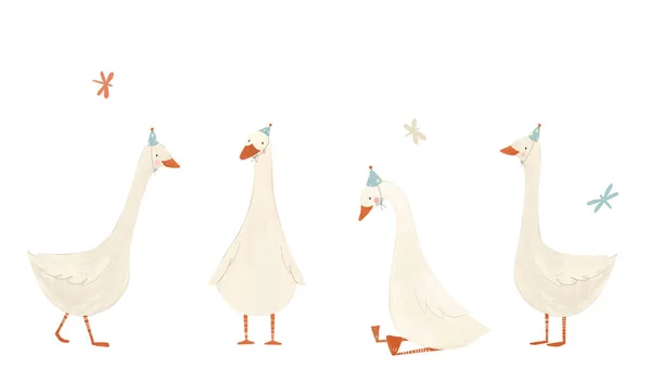 Sevimli Beyaz Kaz Kuşlarıyla Doğum Günü Partisini Kutlayan Güzel Bebek — Stok fotoğraf