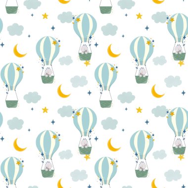 Güzel çocuklar, bulutlu ve yıldızlı balonlarla uçan sevimli dinozorlarla kusursuz desenli. Stok illüstrasyonu.