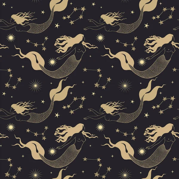 Krásný Bezešvý Vzor Ručně Kreslené Jemné Mořské Panny Moři Stock — Stock fotografie