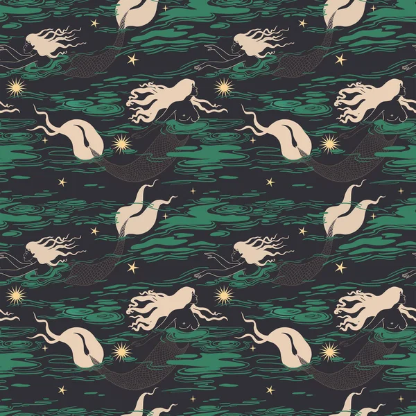 Schöne Nahtlose Muster Mit Handgezeichneten Sanften Meerjungfrauen Meer Archivbild — Stockfoto