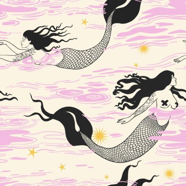 Güzel, pürüzsüz desenli, el çizimi, denizde nazik denizkızları. Stok illüstrasyonu.