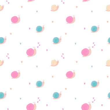 Tatlı salyangozlu, kusursuz çocuk desenleri. Stok illüstrasyonu.