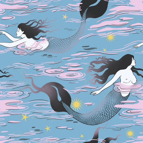 Schöne Nahtlose Muster Mit Handgezeichneten Sanften Meerjungfrauen Meer Archivbild — Stockfoto