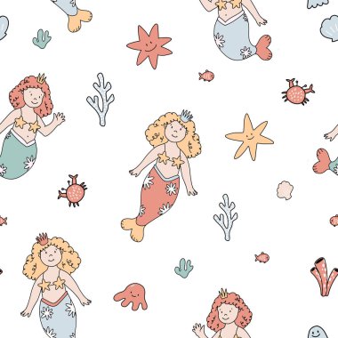 Şirin deniz kızları ve deniz canlılarıyla mükemmel bir vektör deseni var..