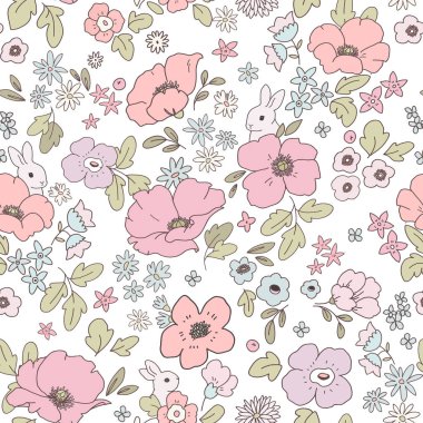 Beautiful seamless pattern with cute colorful abstract flowers and white rabbits clipart