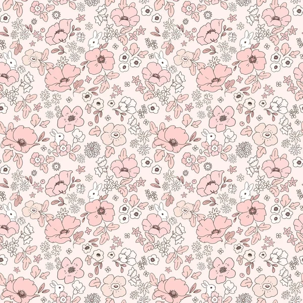 Beautiful Seamless Pattern Cute Colorful Abstract Flowers White Rabbits — Stock Photo, Image