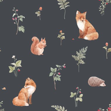 Elle çizilmiş suluboya orman hayvanları ve bitkilerle kusursuz bir desen. Stok çizimi. Popüler tasarım.