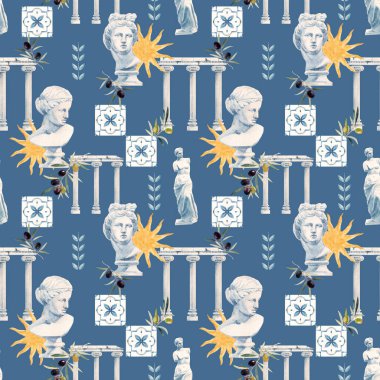 Yunan tanrıçası Afrodit 'in antik heykel büstü ile güzel bir kompozisyon. Stock clipart suluboya çizimi.