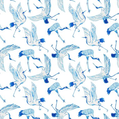 Sulu boyalı kuşlarla kusursuz bir desen. Stok illüstrasyonu.