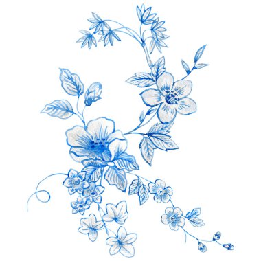 Su boyası, yabani mavi, beyaz otlar ve çiçeklerle güzel bir çiçek kompozisyonu. Stok illüstrasyonu.