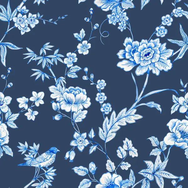 Vackert Blommigt Sömlöst Mönster Med Akvarell Vilda Blå Och Vita — Stockfoto
