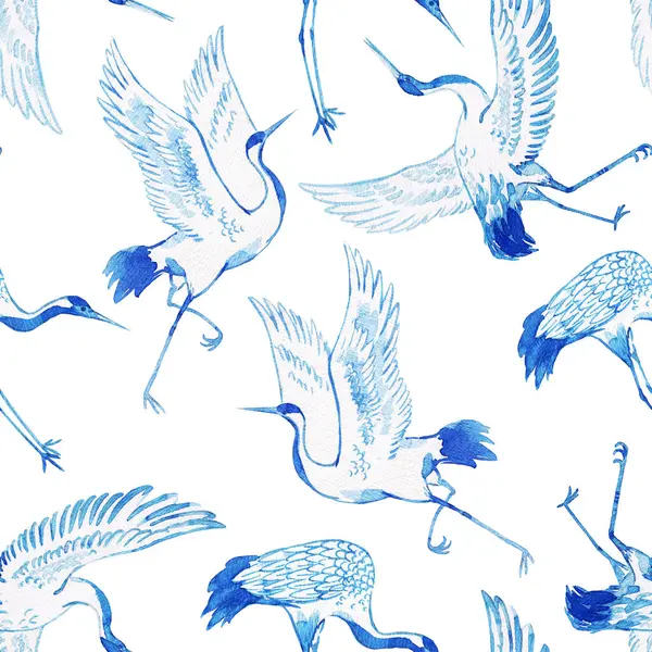 Magnifique Motif Sans Couture Avec Des Oiseaux Grue Aquarelle Illustration — Photo