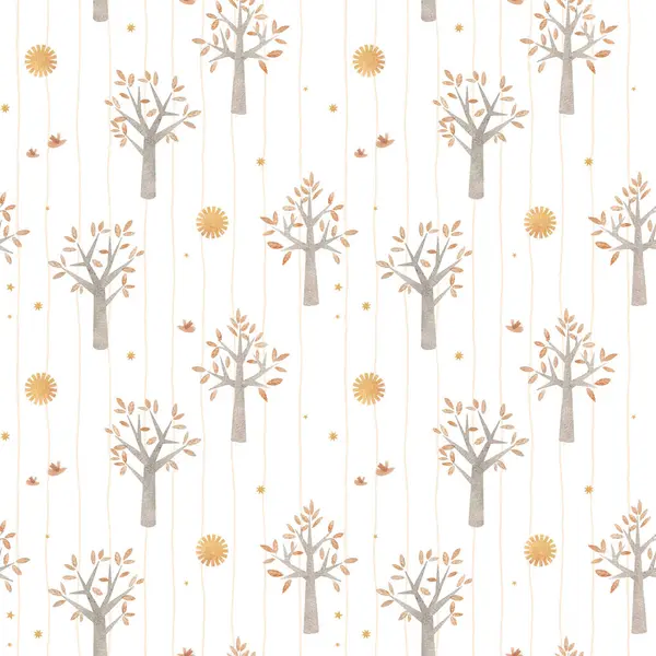 Мягкие Осенние Дети Плавно Узор Нарисованными Вручную Маленькими Деревьями Солнцем — стоковое фото