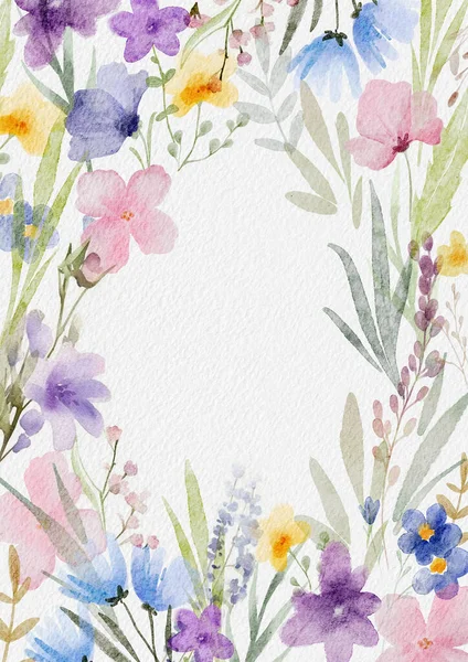 Vacker Blommig Ram Med Akvarell Sommarblommor Aktieklipp Konst Inbjudningskort — Stockfoto