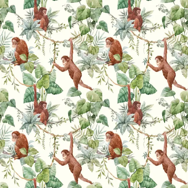 Vackert Sömlöst Tropiskt Mönster Med Rödhåriga Orangutanger Djungelväxter Och Palmblad — Stockfoto