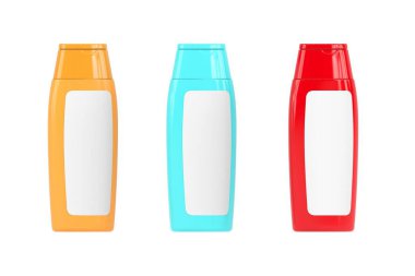 Lotion bottles mockup in orange, blue and red colors on white background - 3d rendering