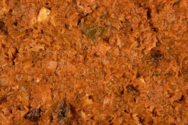 Avcı güveci dokusu - üst görünüm ve lahana ile yakın plan domuz güveci - popüler Polonya Bigos 