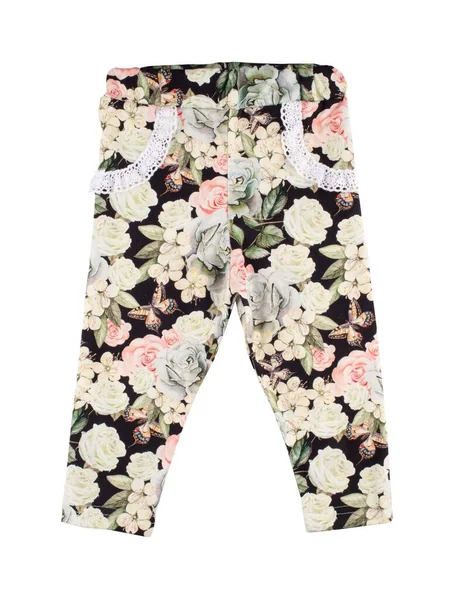 Oblečení Fotografie Barevné Dívčí Kalhoty Květinovým Vzorem Bílém Pozadí — Stock fotografie