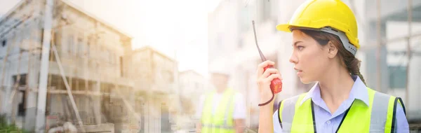 Young Attractive Construction Woman Safety Vest Yellow Helmet Working Radio — Zdjęcie stockowe