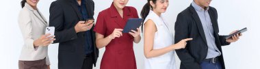 Banner cover design. Close up a group of business people using gadgets or smartphones while standing in a row. isolated on white background