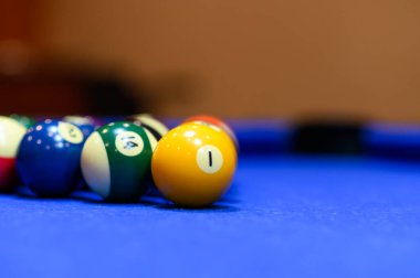 Billard pool game. Billiard balls on blue pool table, Pool game