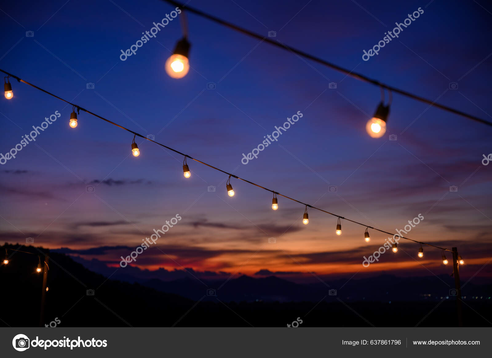 Festoon String Lights Decoration Party Event Festival Sunset Sky Light —  Stock Photo © bigy00 #637861796