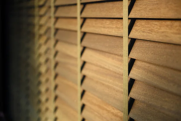 Close Brown Wooden Blinds Lighting Range Control Sunlight Coming Window — Fotografia de Stock