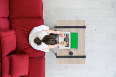 Top view of manager woman working at mock up green screen chroma key laptop with isolated display. businesswoman sits on red cozy sofa working with laptop on wooden table