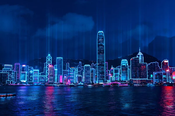 Cityscape Hong Kong City Skyline Nocy Nad Victoria Harbor Odbiciem — Zdjęcie stockowe