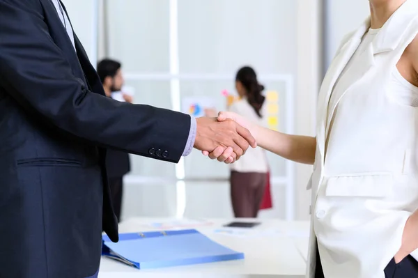 Closeup Business Partners Shaking Hands Concluding Business Finished Businessman Businesswoman — Stock Photo, Image