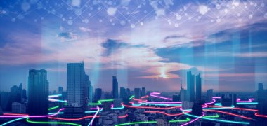 Smart city with speed line glowing light trail surround the city. big data connection technology concept