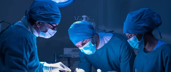 一组集中的外科医生小组在医院手术室为病人做手术 从事关键行动的专业医疗小组 — 图库照片