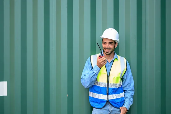 Container Operators Wearing Helmets Safety Vests Control Walkie Talkie Workers — Zdjęcie stockowe