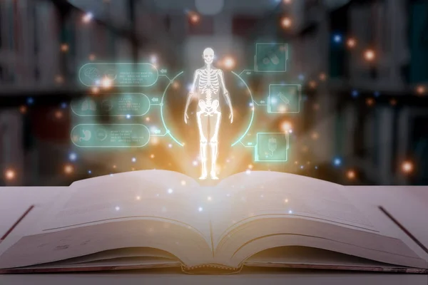 Human Biology technology concept. Textbook opens with genetic research and biotech science