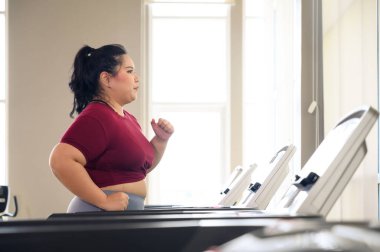Spor giyimli Asyalı şişman kadınlar spor salonunda koşu bandında koşuyorlar. Kilo verme egzersizi, sağlıklı yaşam tarzı konsepti