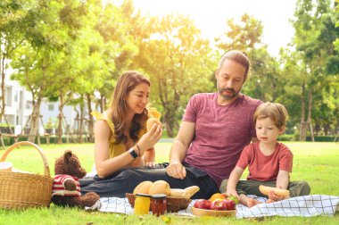 Mutlu aile tatilleri. Anne, baba ve küçük oğlu yaz günü doğada piknik yapıyorlar. Boş zaman, yaz, çocukluk konsepti