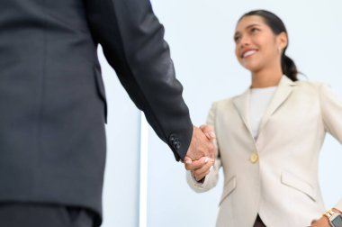 business partners shaking hands after concluding a business finished. Businessman and Businesswoman handshake in the meeting room. Business to succeed concept, Collaborative teamwork