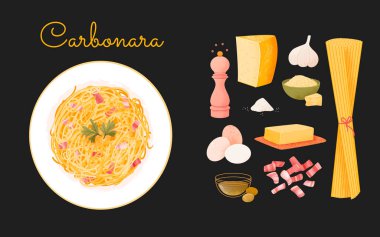 Makarna carbonara tarifi talimatı. Malzemeli Carbonara konsepti hazırlama adımları. İtalyan Mutfağı spagettisi. Vektör illüstrasyonu