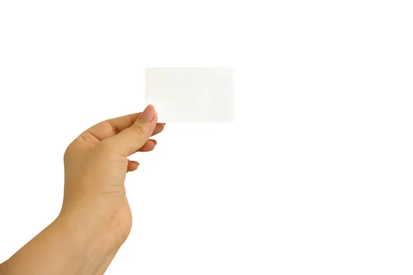 Female Hand Holding Business Card Isolated White Background — Stock Photo, Image