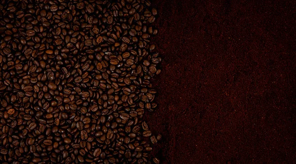 Coffee background, filled frame. Coffee beans and ground coffee, top view.