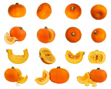 Olgun, turuncu balkabağı seti beyaz bir arka planda soyutlanmış. Kesme yolu.